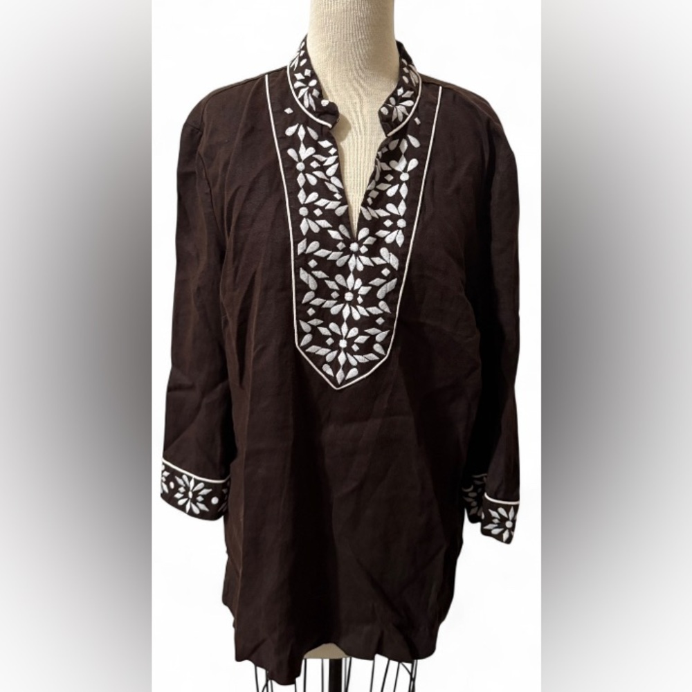 JM Collection Linen Tunic Top Women’s 16 Brown White Embroidered Floral Blouse
